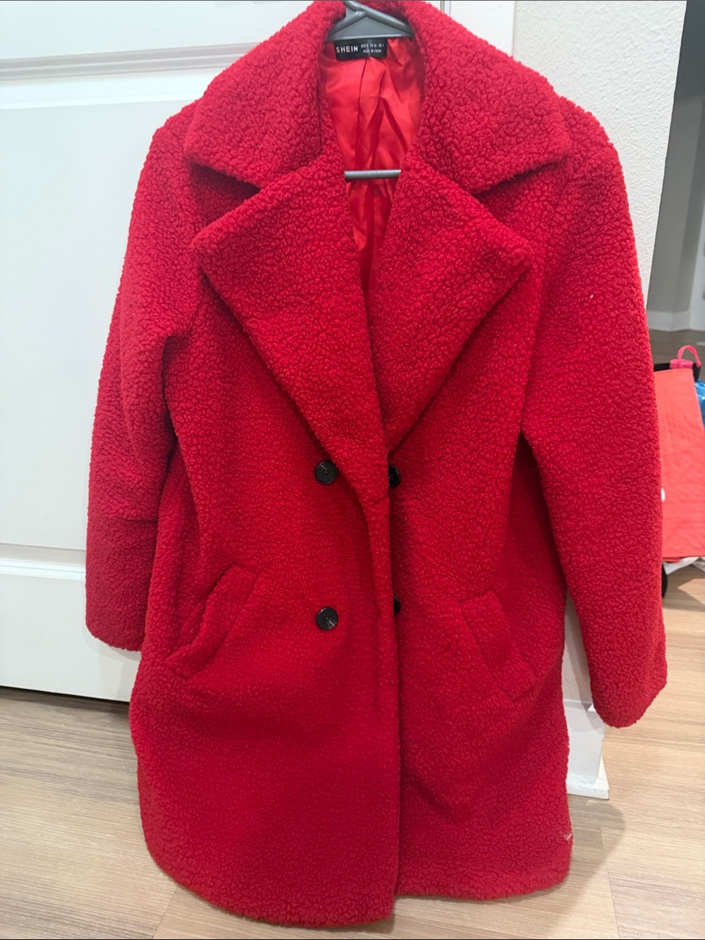 SHEIN Red Double-Breasted Teddy Coat